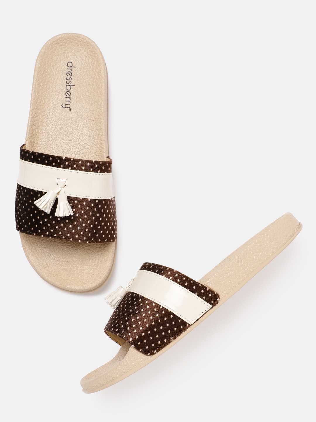 

DressBerry Women Coffee Brown & Beige Dot Print Open Toe Flats with Tassels Detail