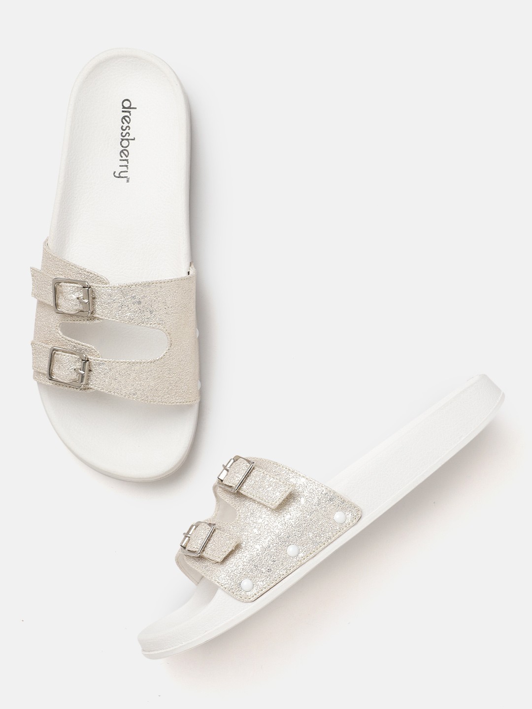 

DressBerry Women Off White Shimmer Effect Open Toe Flats with Buckle Detail