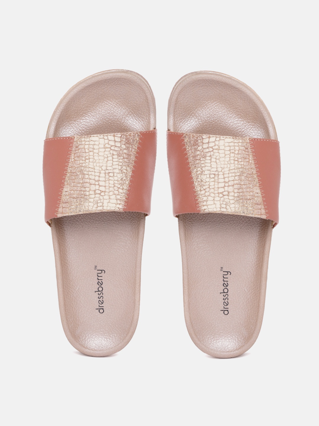 

DressBerry Women Rose Gold-Toned & Dusty Pink Croc Textured Sliders