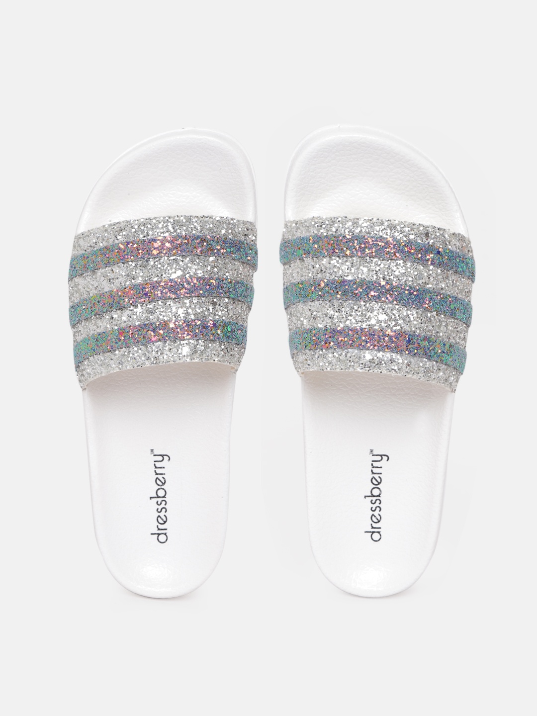 

DressBerry Women Silver-Toned & Blue Striped & Shimmer Sliders