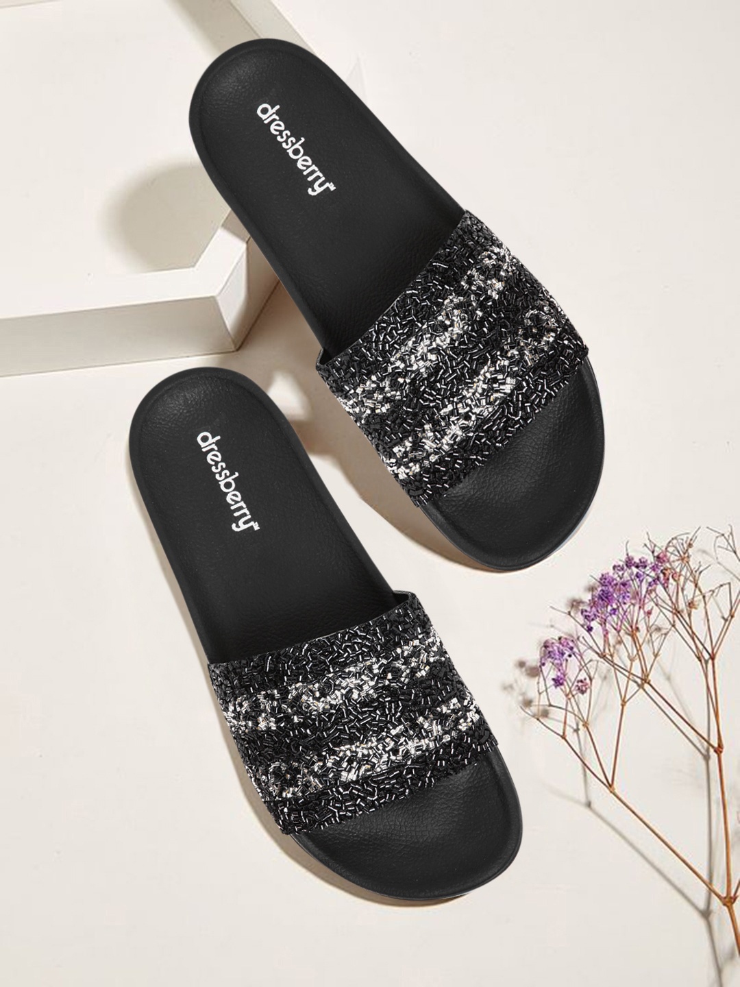 

DressBerry Women Black & Silver-Toned Embellished & Striped Sliders