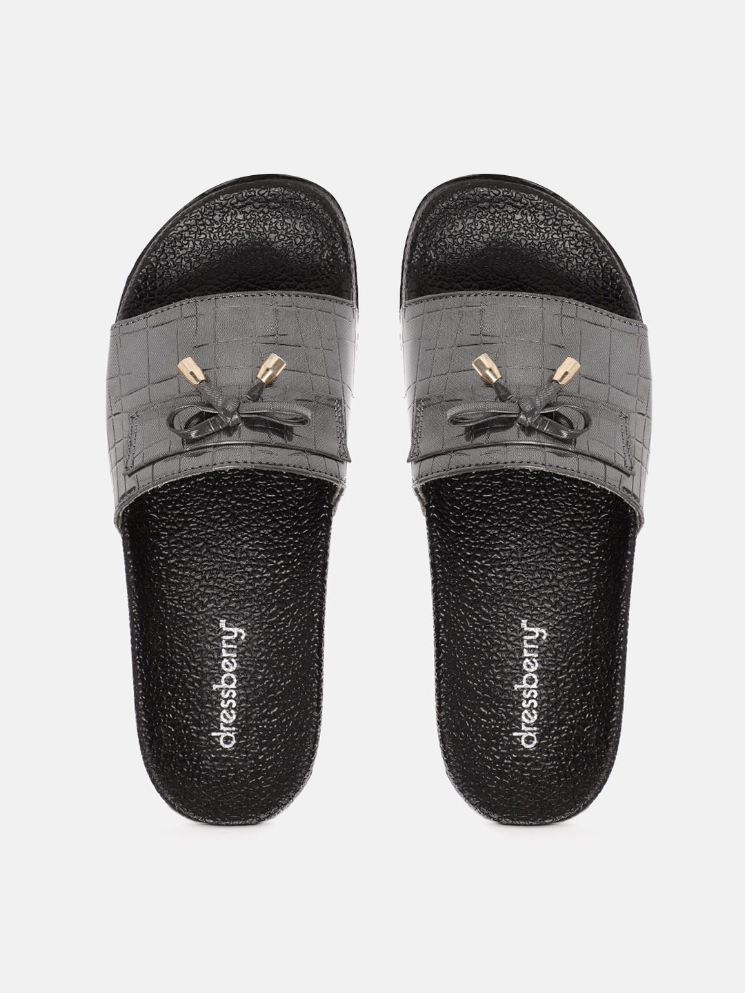

DressBerry Women Charcoal Grey Textured Patent Finish Open Toe Flats with Bow Detail