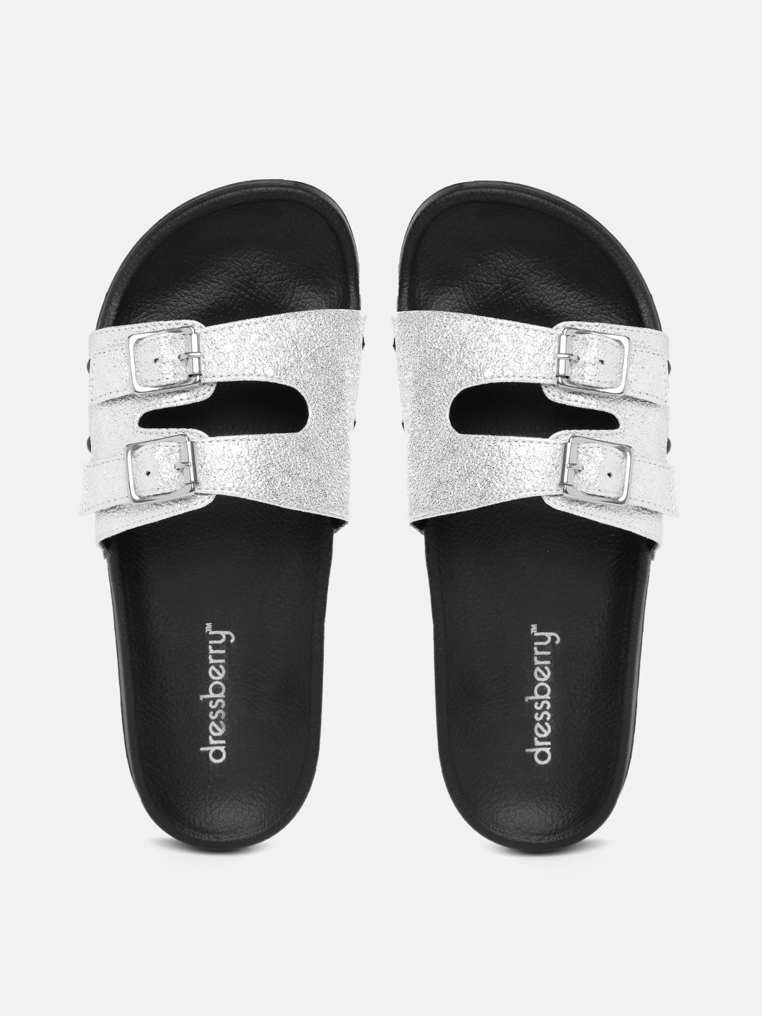 

DressBerry Women Silver-Toned Metallic Flip Flops with Buckles