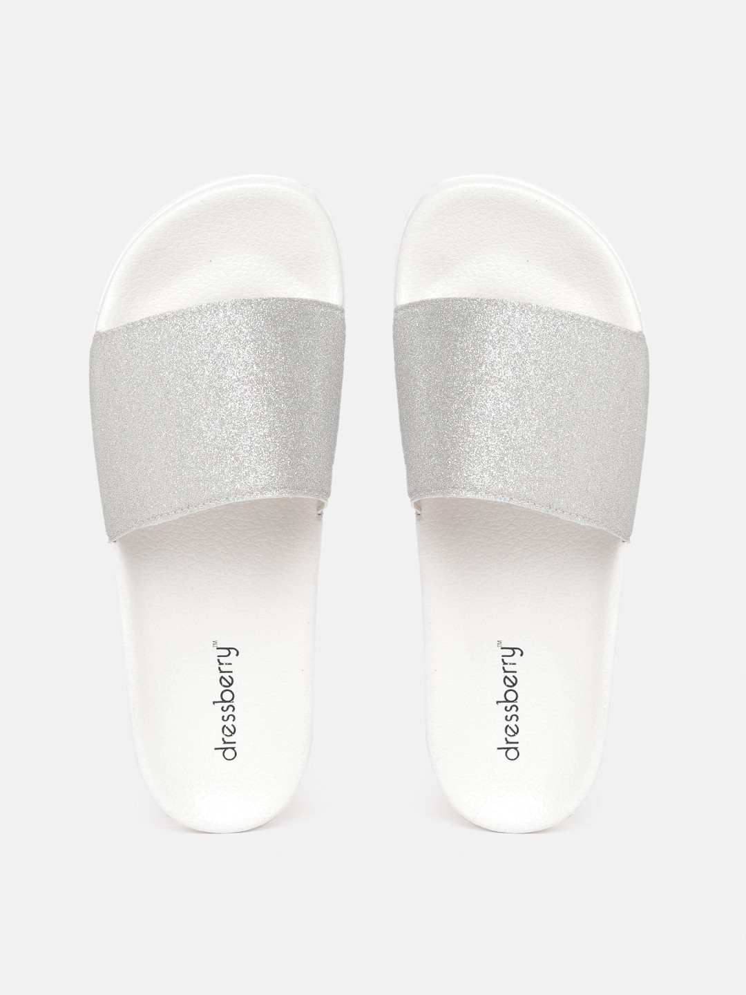 

DressBerry Women Silver-Toned & White Shimmer Sliders