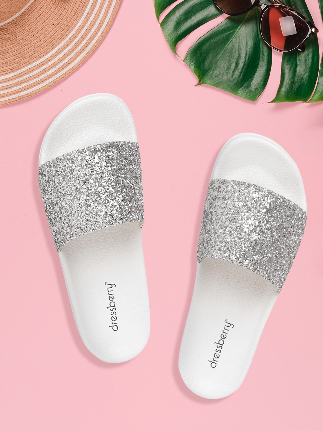 

DressBerry Women Silver-Toned Embellished Rubber Sliders