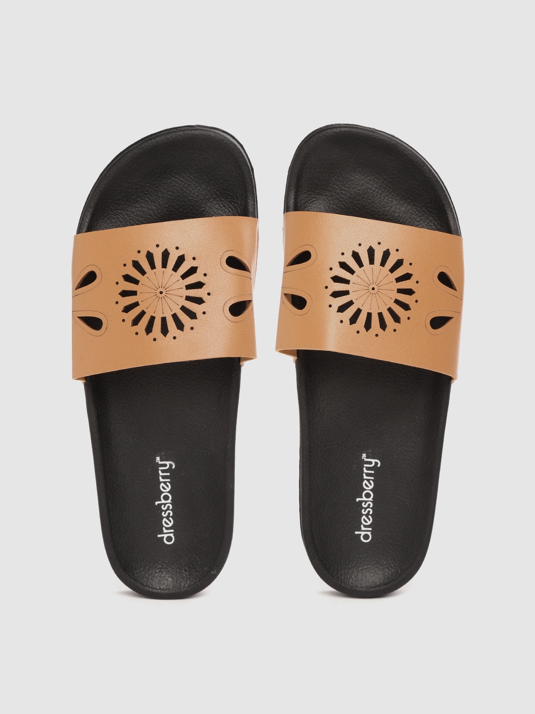 

DressBerry Women Tan Brown & Black Laser Cut Sliders