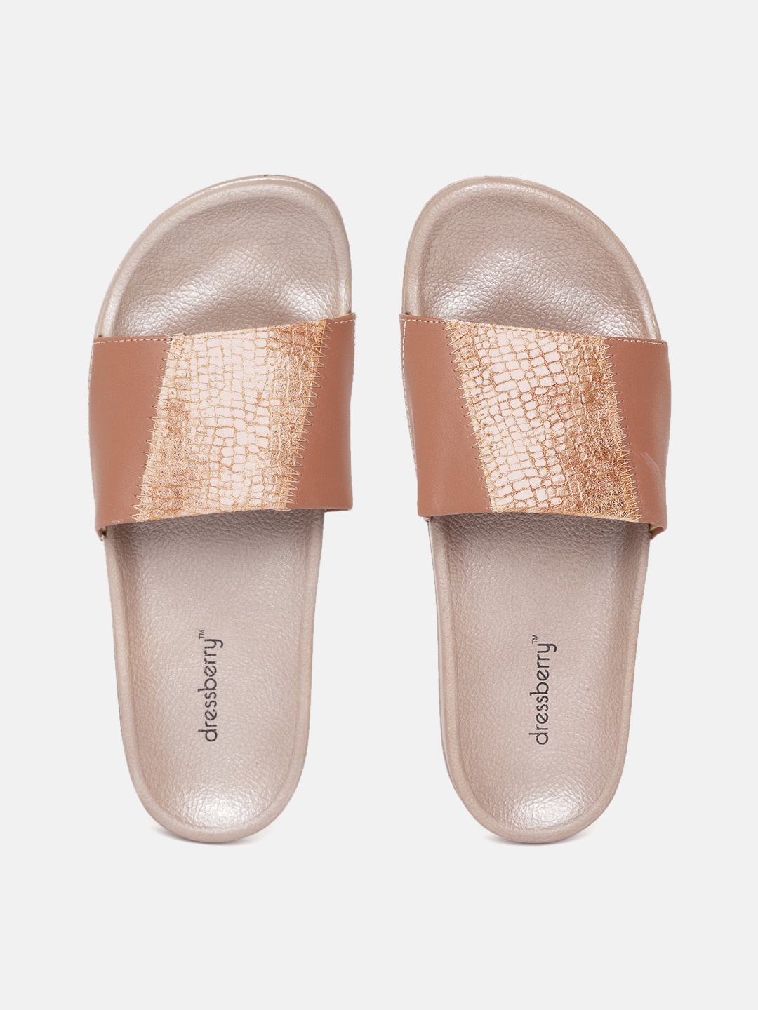 

DressBerry Women Nude-Coloured & Tan Brown Crocs Textured Shimmery Rubber Sliders