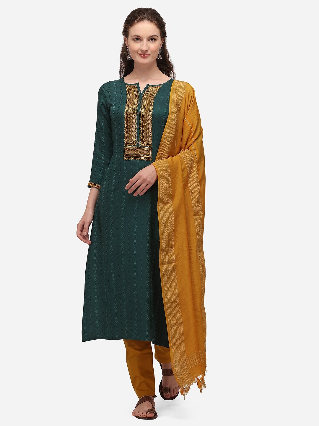 

SheWill Green & Yellow Cotton Blend Unstitched Dress Material