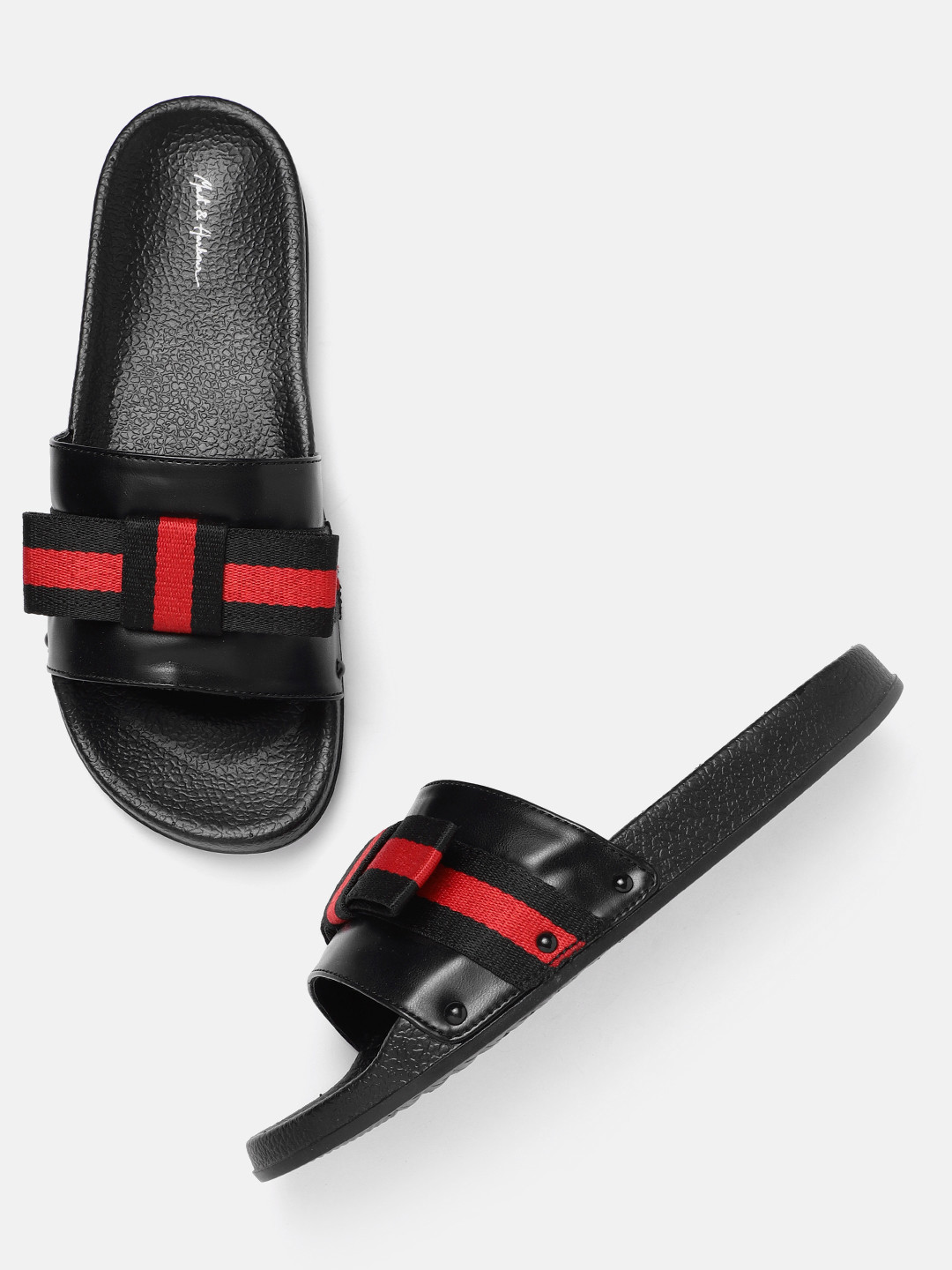 

Mast & Harbour Women Black & Red Striped Flip Flops with Bows Detail