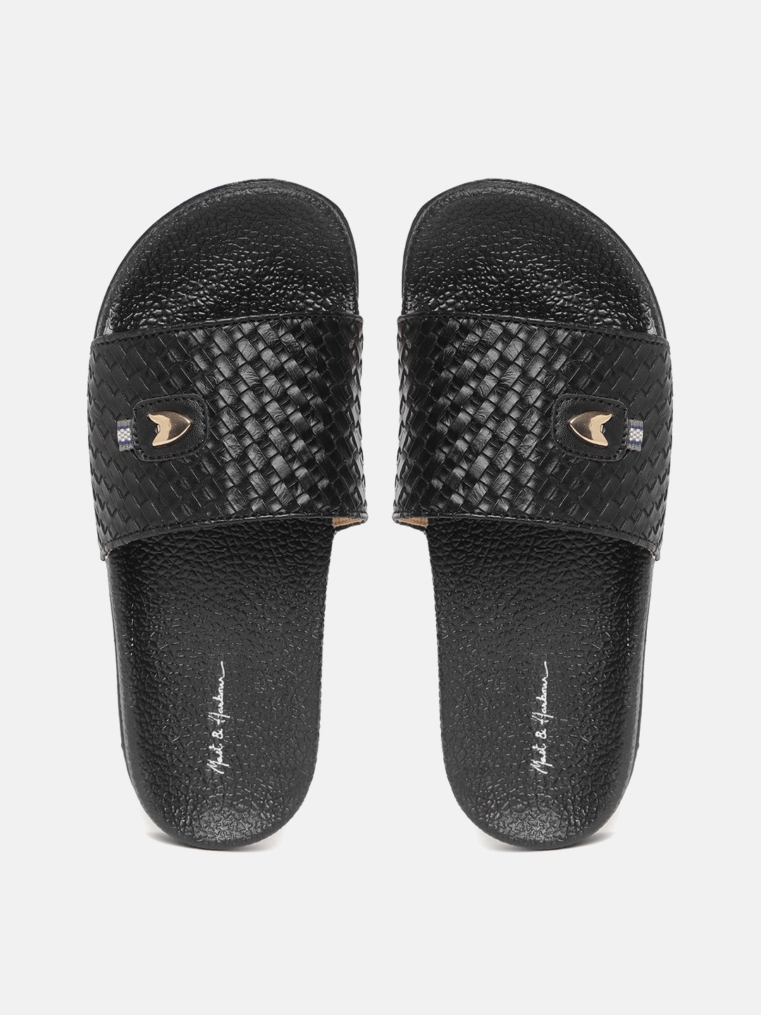 

Mast & Harbour Women Black Basket Weave Textured Sliders with Metallic Detail