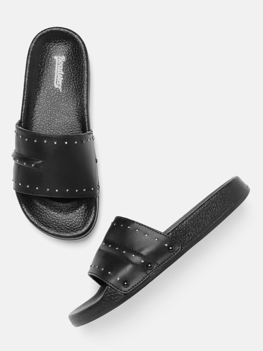 

Roadster Women Black Solid Studded Detail Flip Flops