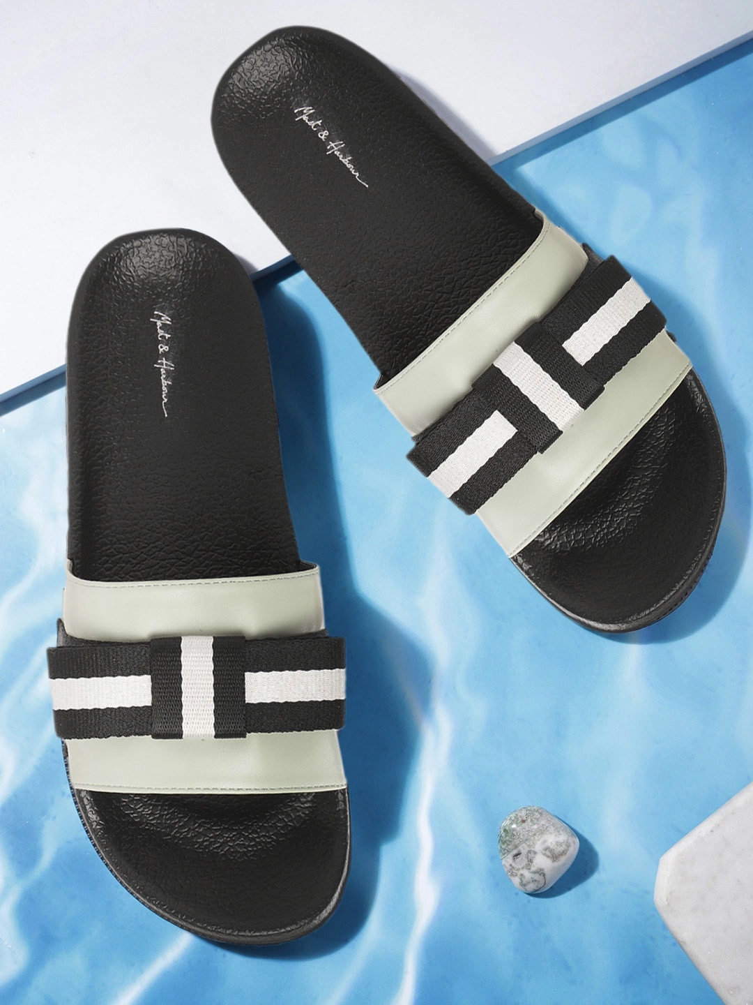 

Mast & Harbour Women Mint Green & Black Striped Sliders with Bow Detail