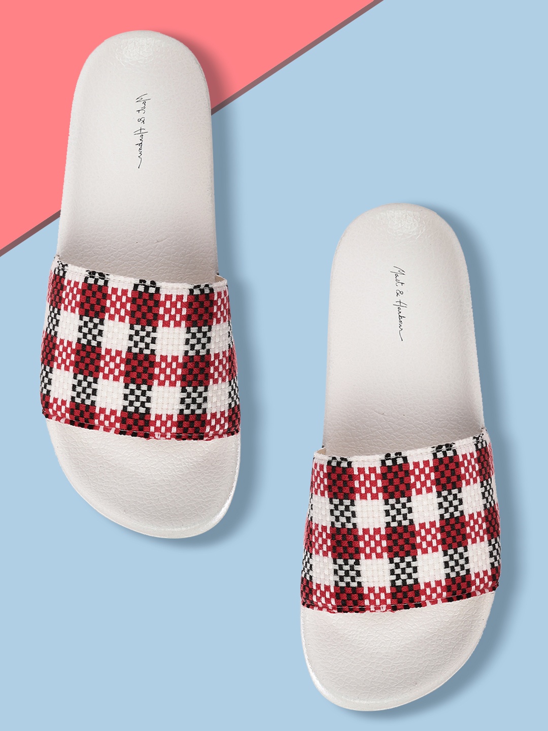 

Mast & Harbour Women White & Red Checked Basket Woven Design Sliders