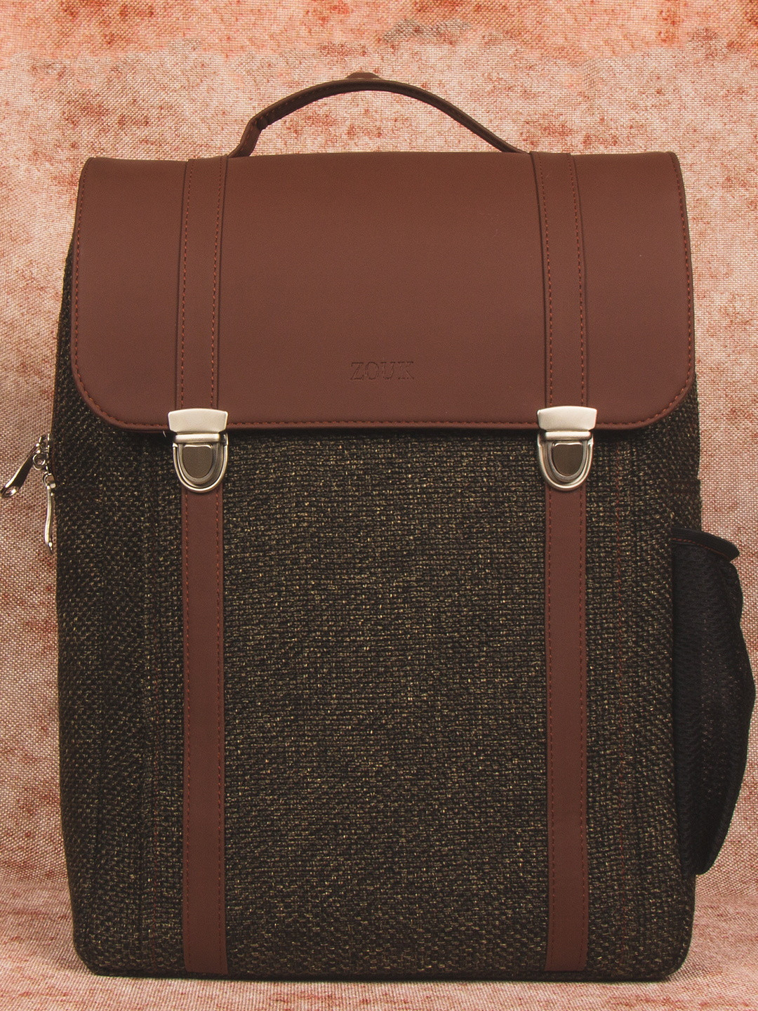 

ZOUK Unisex Charcoal & Brown Colourblocked Sustainable Vegan Leather Backpacks
