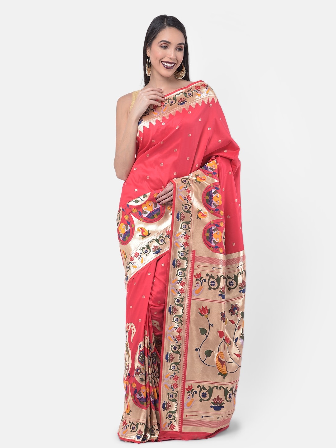 

Neerus Coral Pink & Beige Art Silk Woven Design Saree