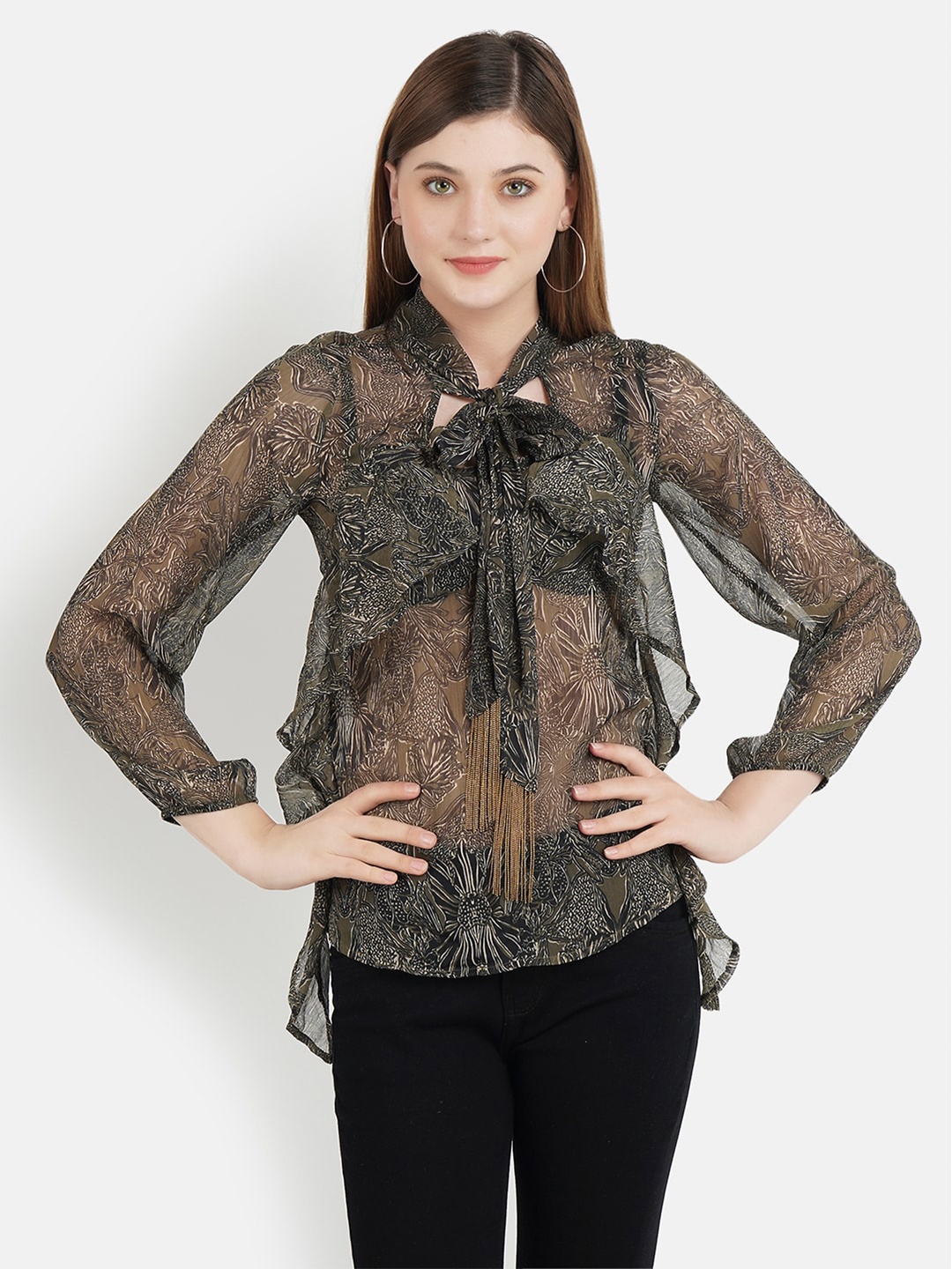 

Aditi Wasan Green Tropical Printed Tie-Up Neck Regular Top