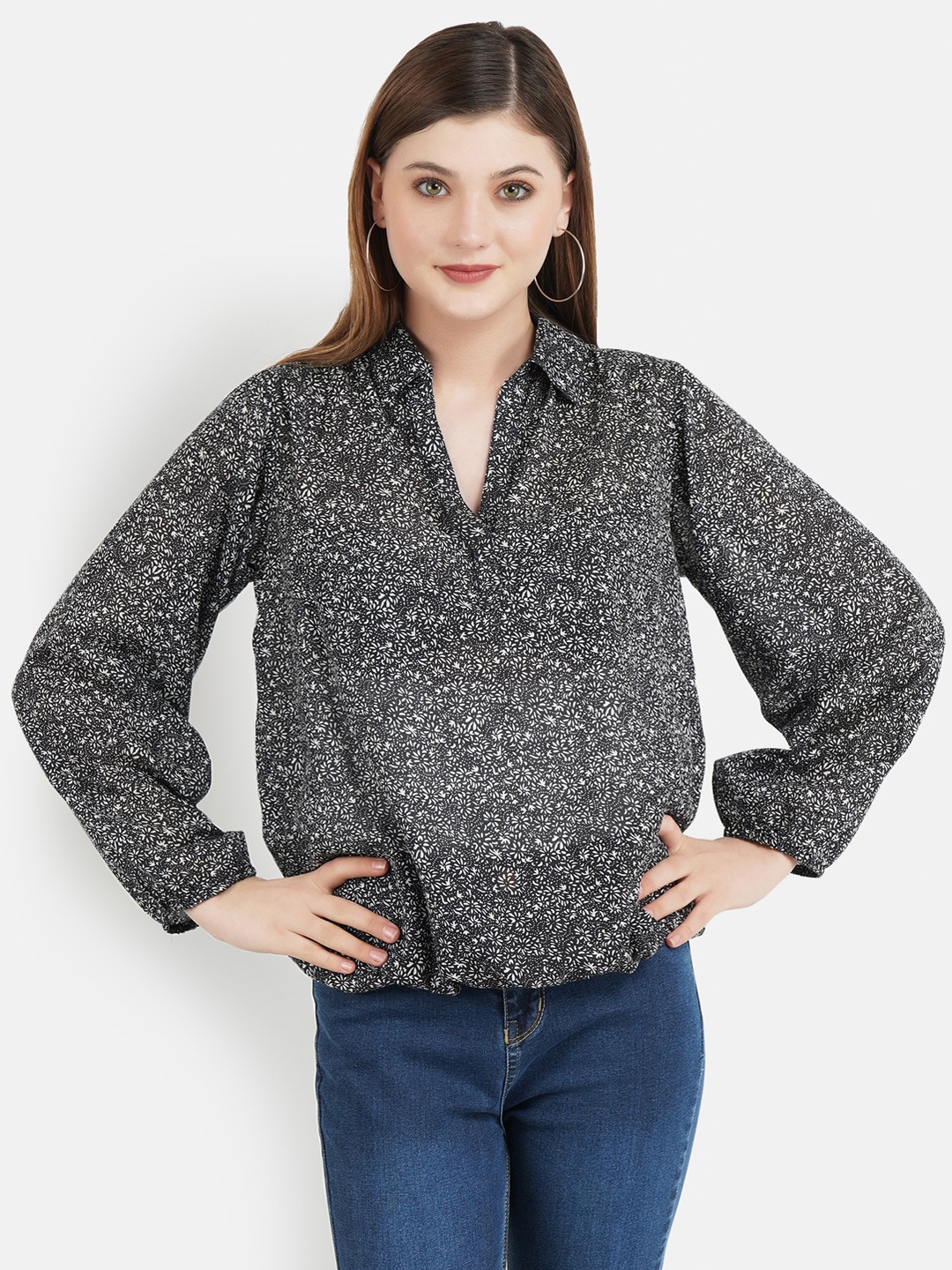 

Aditi Wasan Black Printed Bishop Sleeves Shirt Style Top