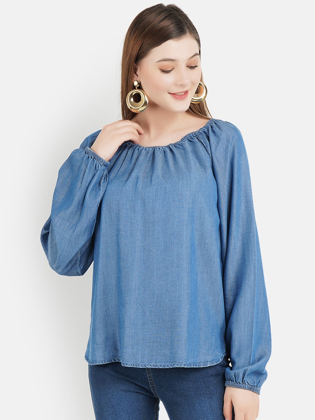 

Aditi Wasan Blue Puff Sleeves Denim Regular Top