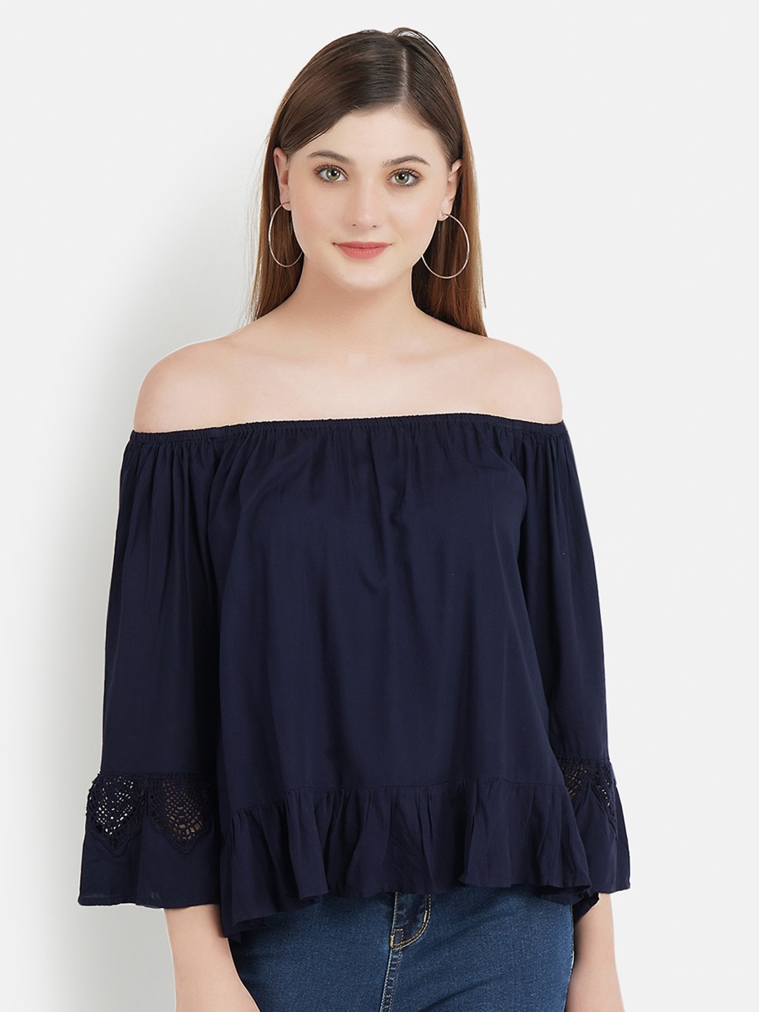 

Aditi Wasan Navy Blue Off-Shoulder Bell Sleeves Bardot Top
