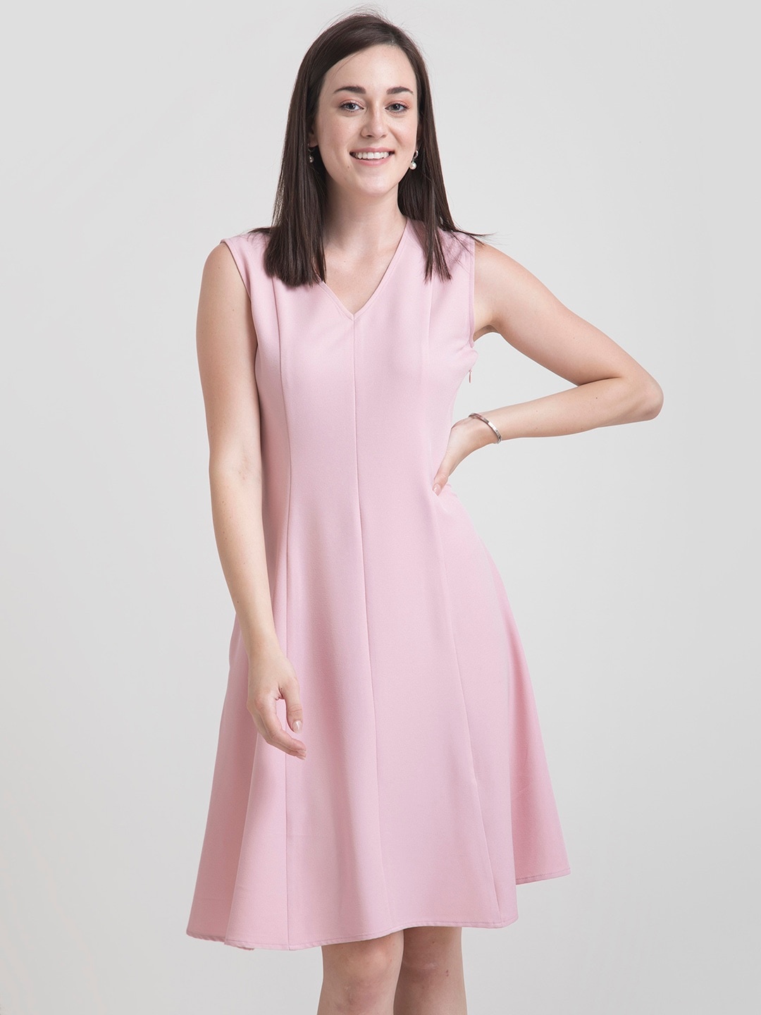 

FableStreet Women Pink Solid Fit and Flare Dress