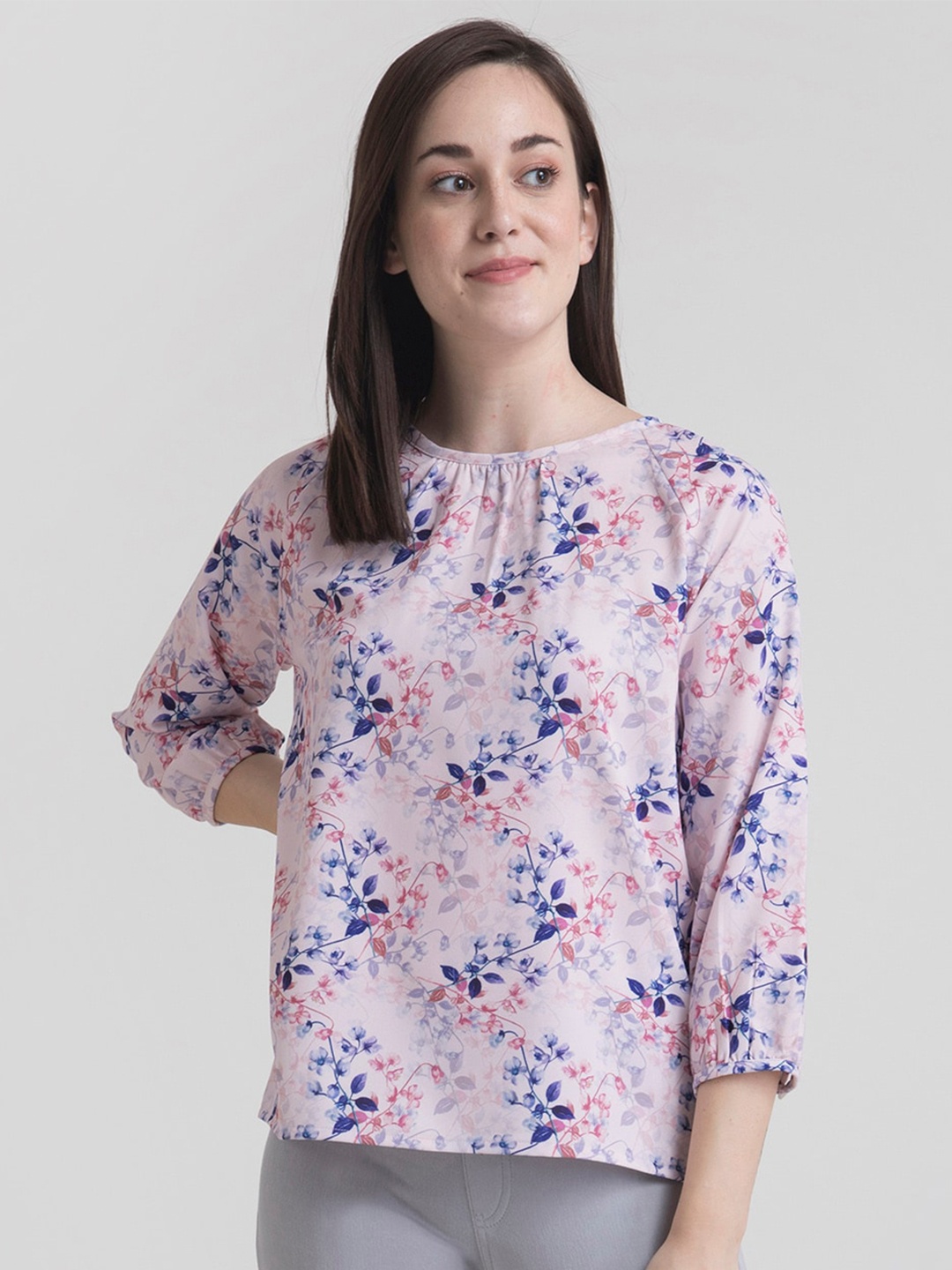 

FableStreet Pink & Blue Ditsy Floral Printed Regular Top