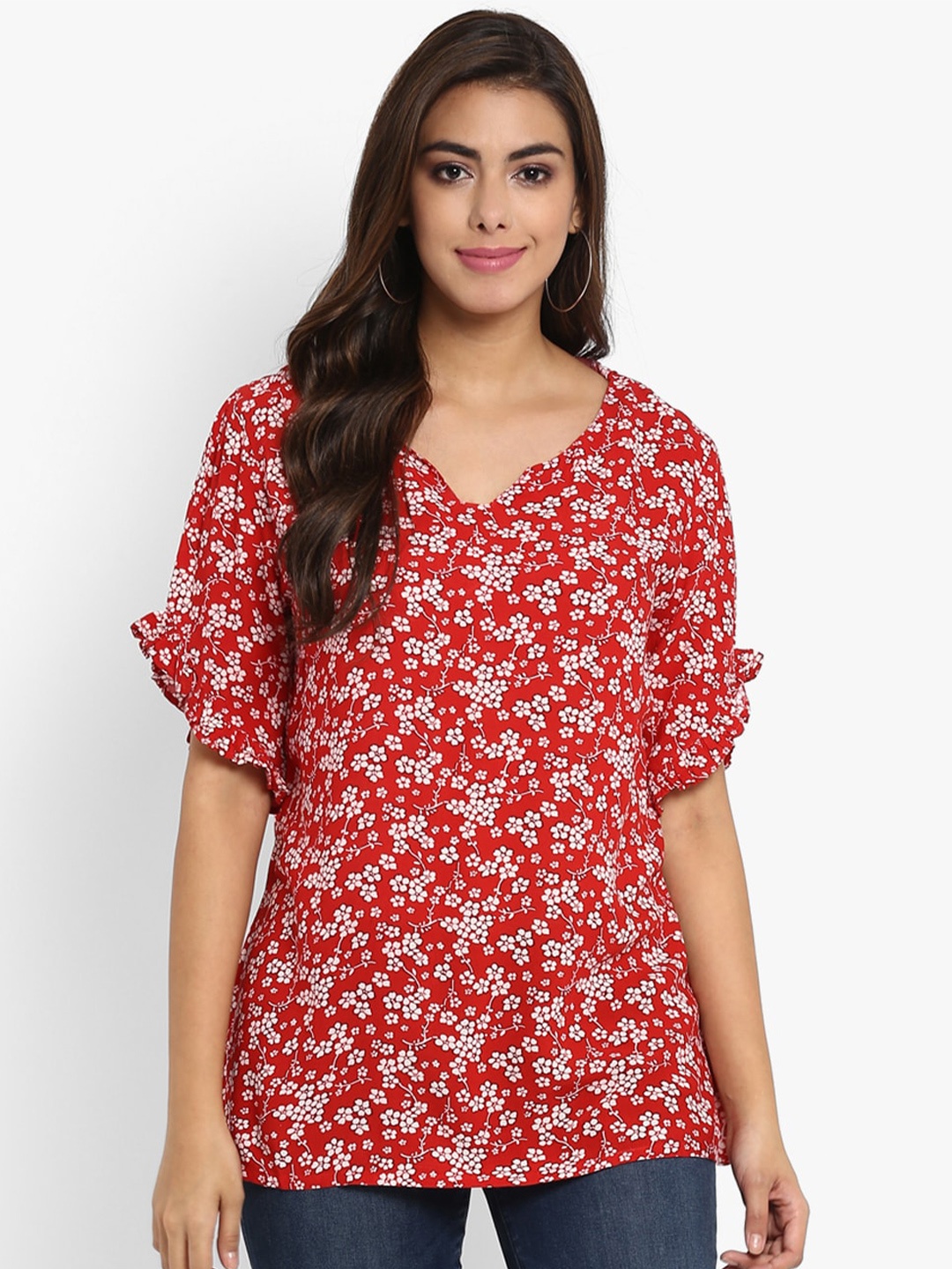 

Aditi Wasan Red Floral Printed Flutter Sleeves Regular Top
