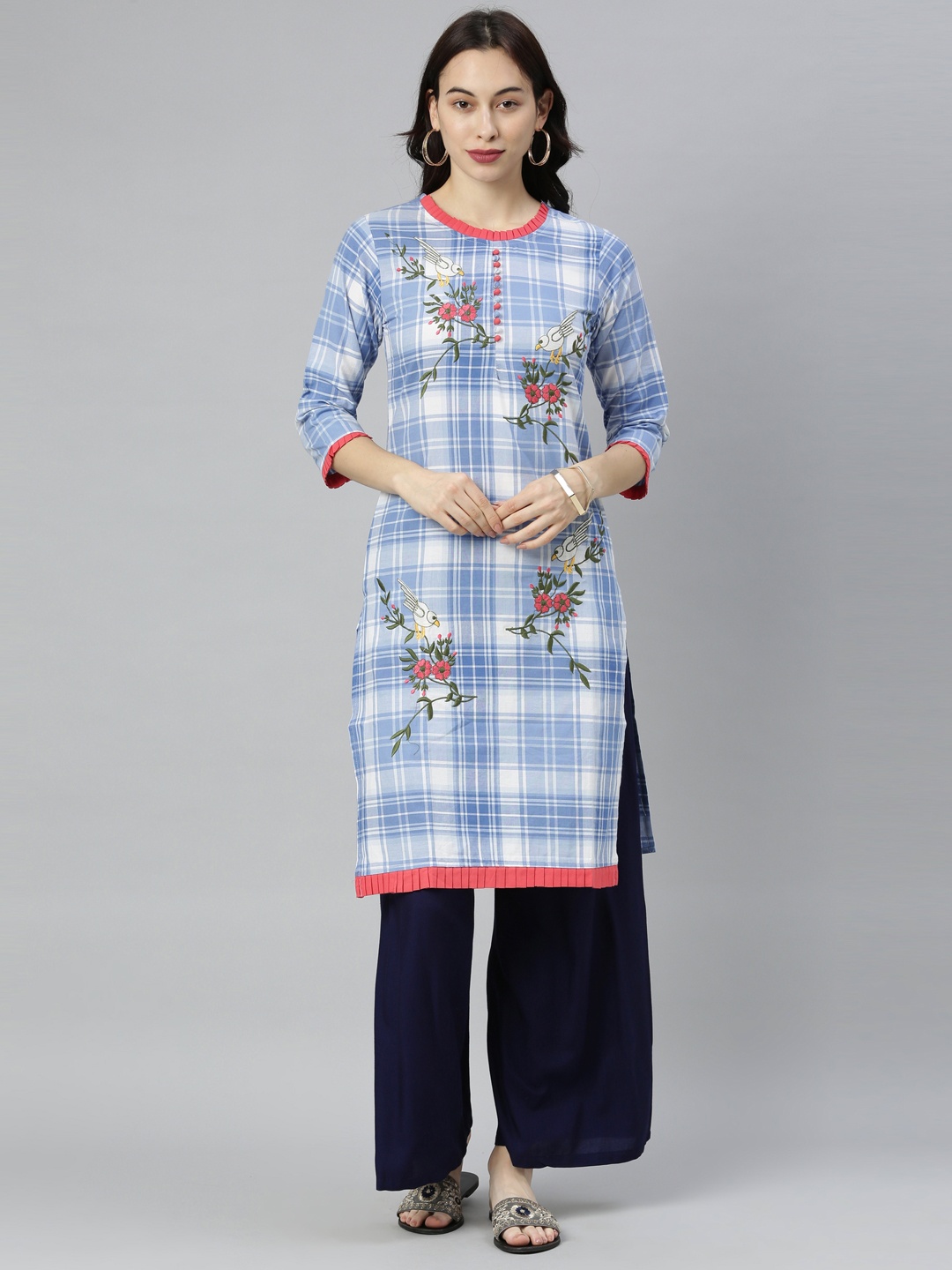 

Neerus Women Blue & White Checked Straight Kurta