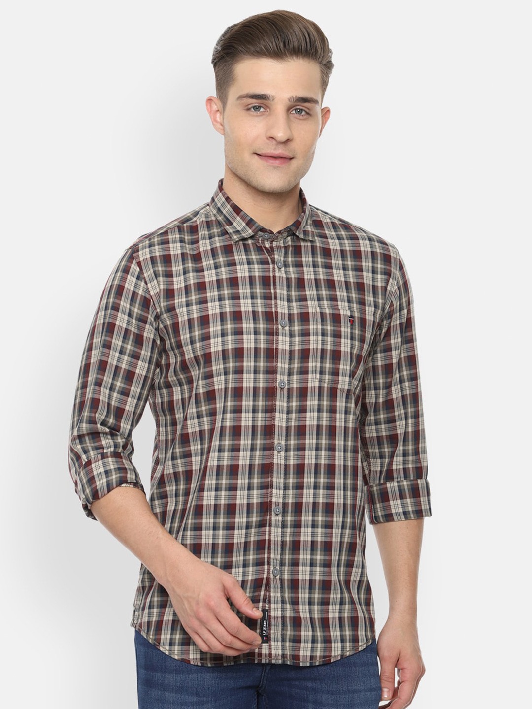 

Louis Philippe Jeans Men Beige & Navy Blue Slim Fit Checked Cotton Casual Shirt