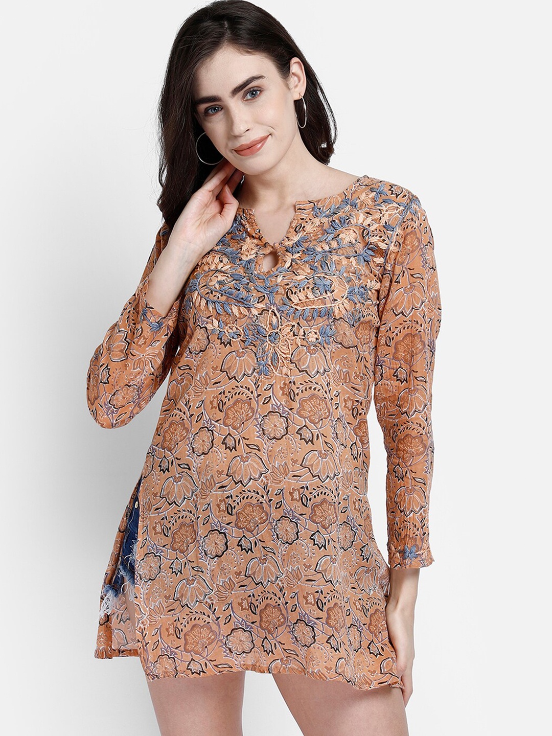 

Aditi Wasan Women Brown & Blue Floral Hand Embroidered Tunic