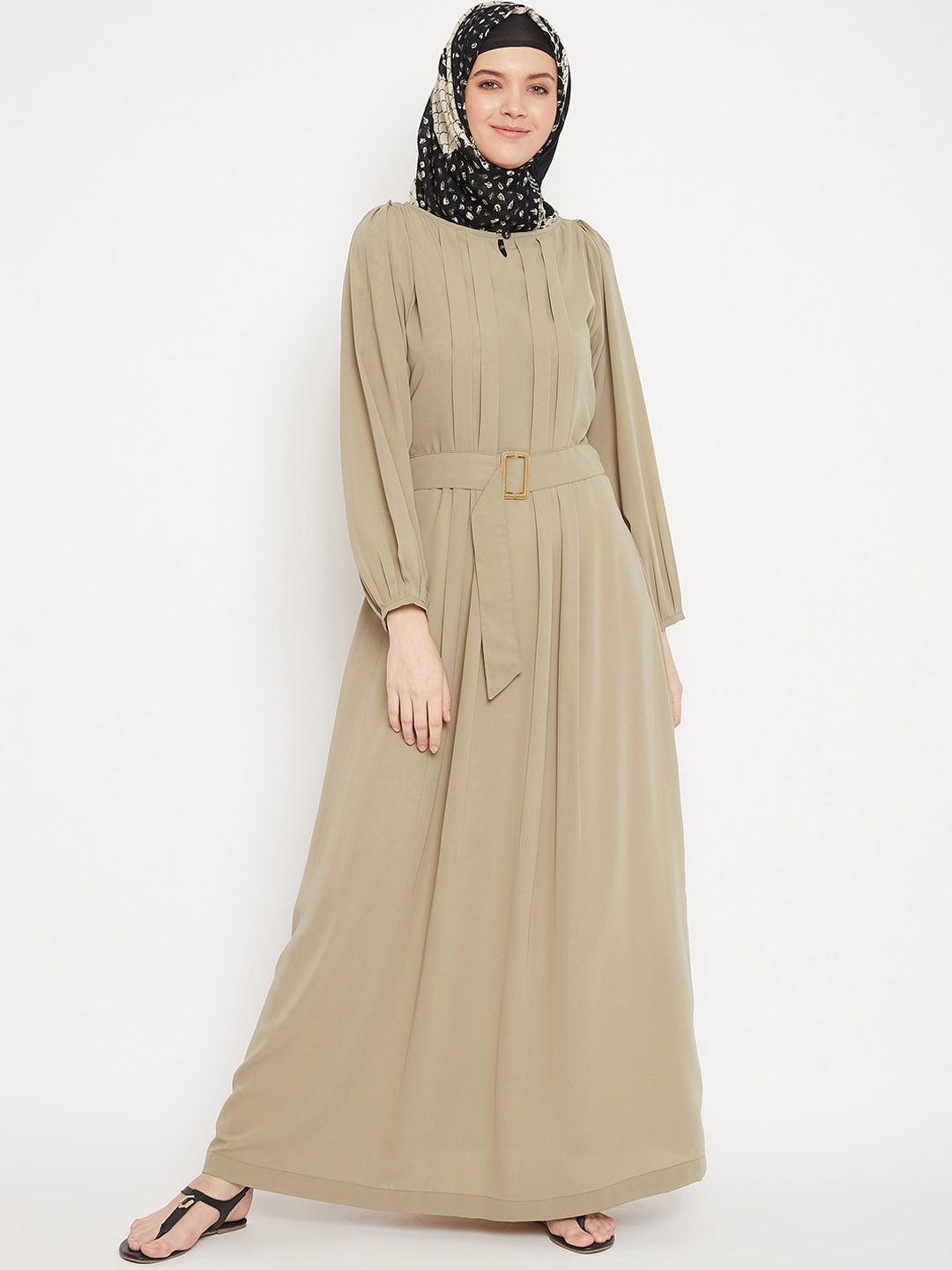 

MOMIN LIBAS Women Beige Colored Solid Abaya Burqa with Belt