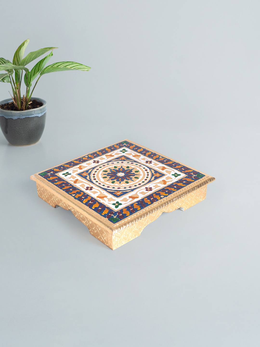

Golden Peacock Gold-Toned & Red Handcrafted Meenakari Wooden Chowki