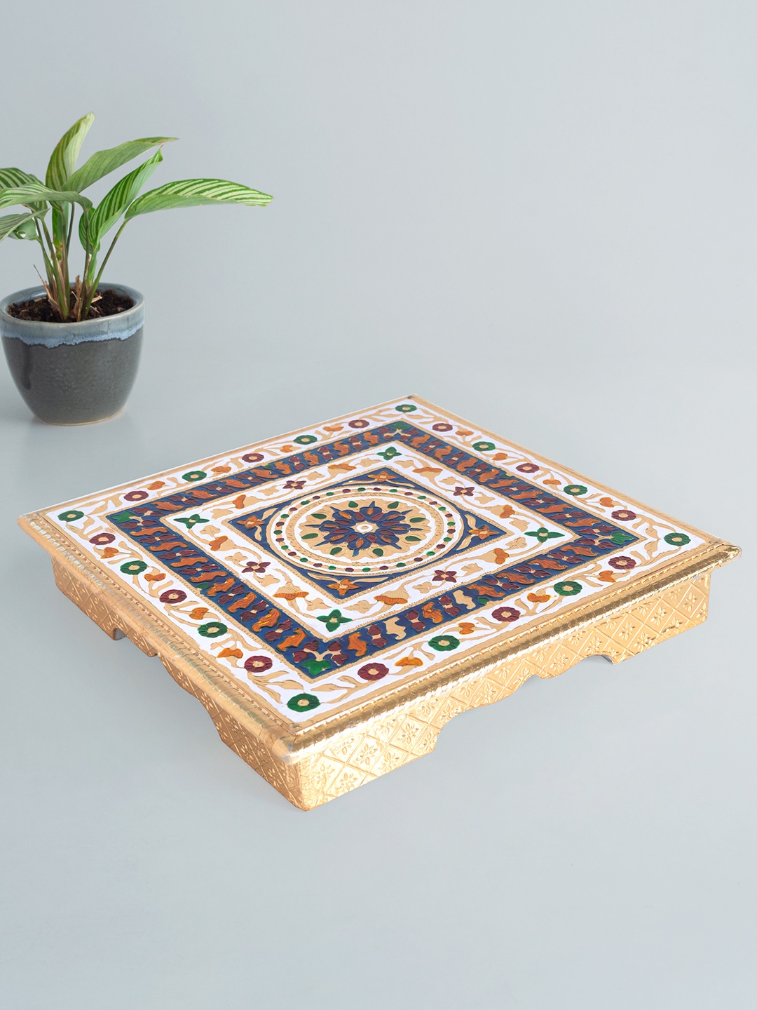 

Golden Peacock Gold-Toned & White Wooden Minakari Chowki