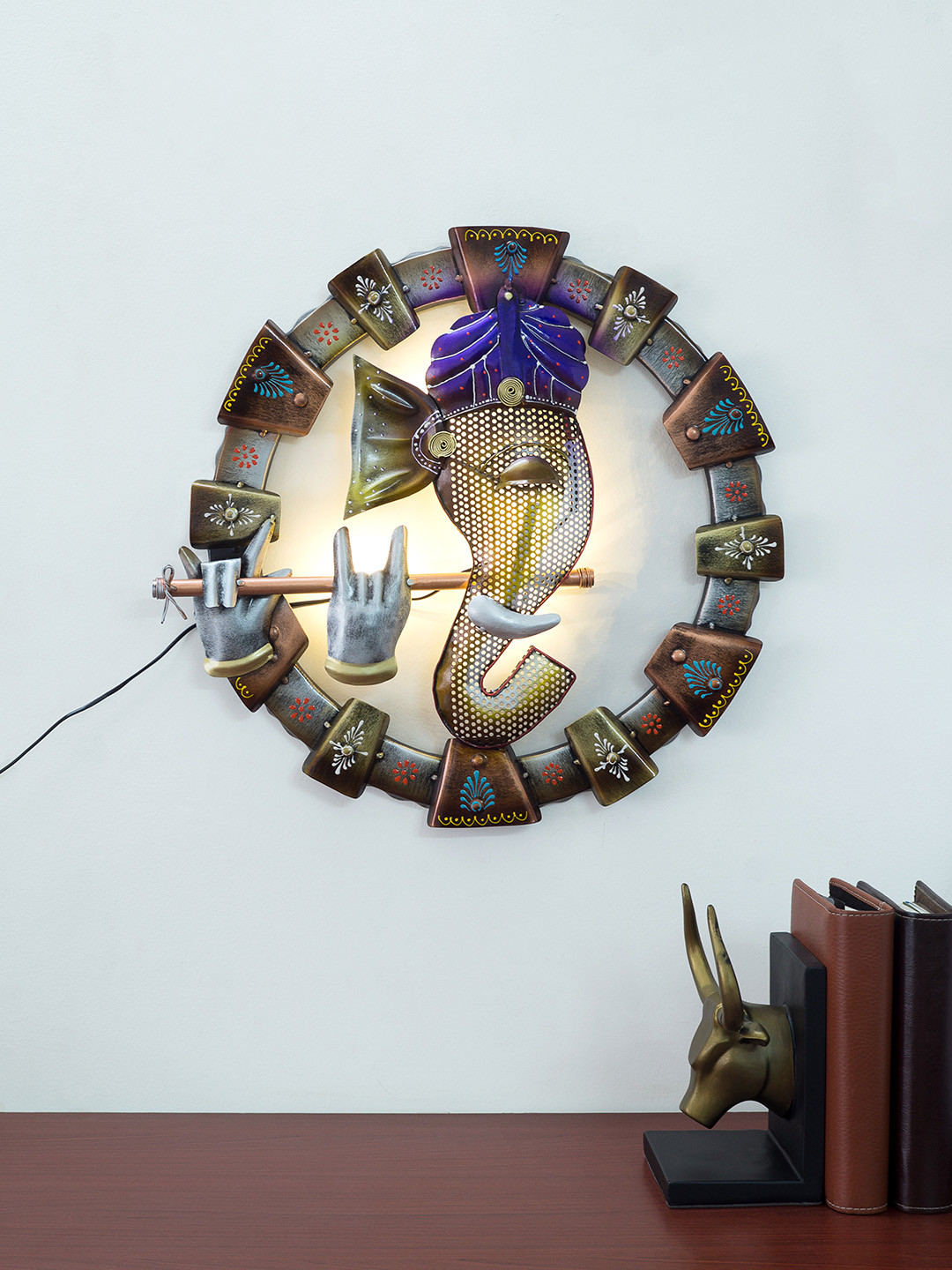 

Golden Peacock Copper & Green Lord Ganesha Handpainted Wall Decor With LED Light