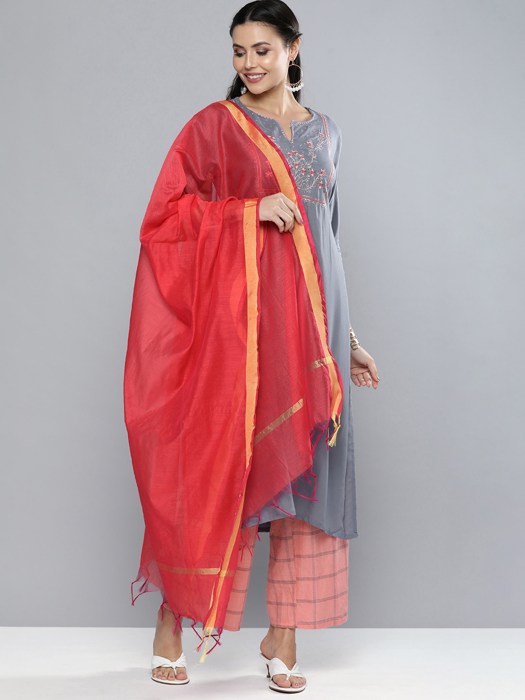 Vishudh Women Grey & Coral Pink Embroidered Kurta with Palazzos & Dupatta