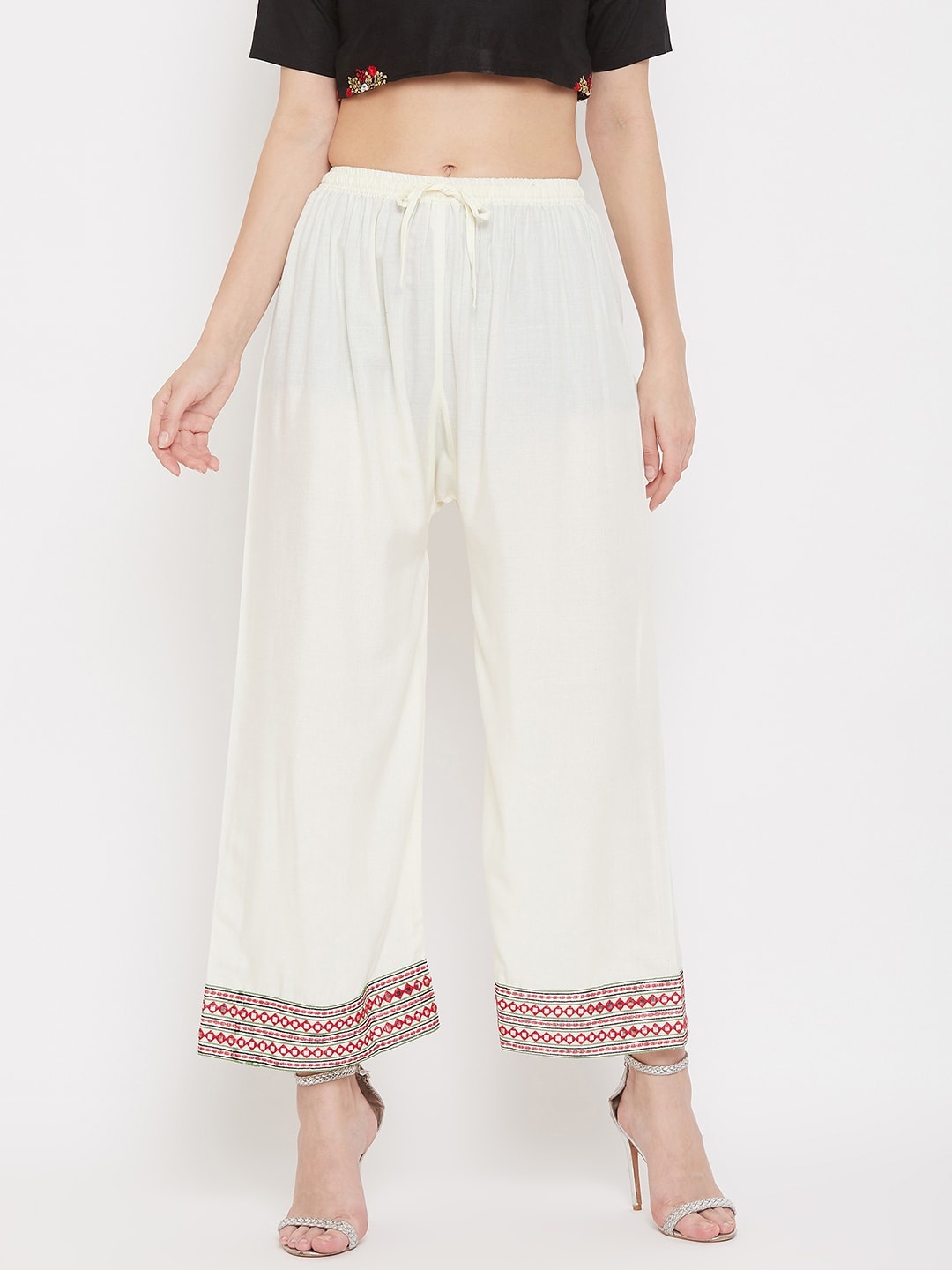 

Clora Creation Women Cream-Coloured & Red Hem Design Straight Palazzos