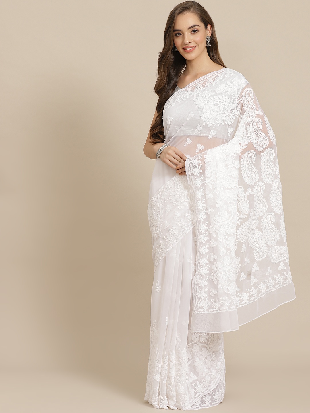 

ADA Women White Chikankari Embroidered Poly Georgette Saree