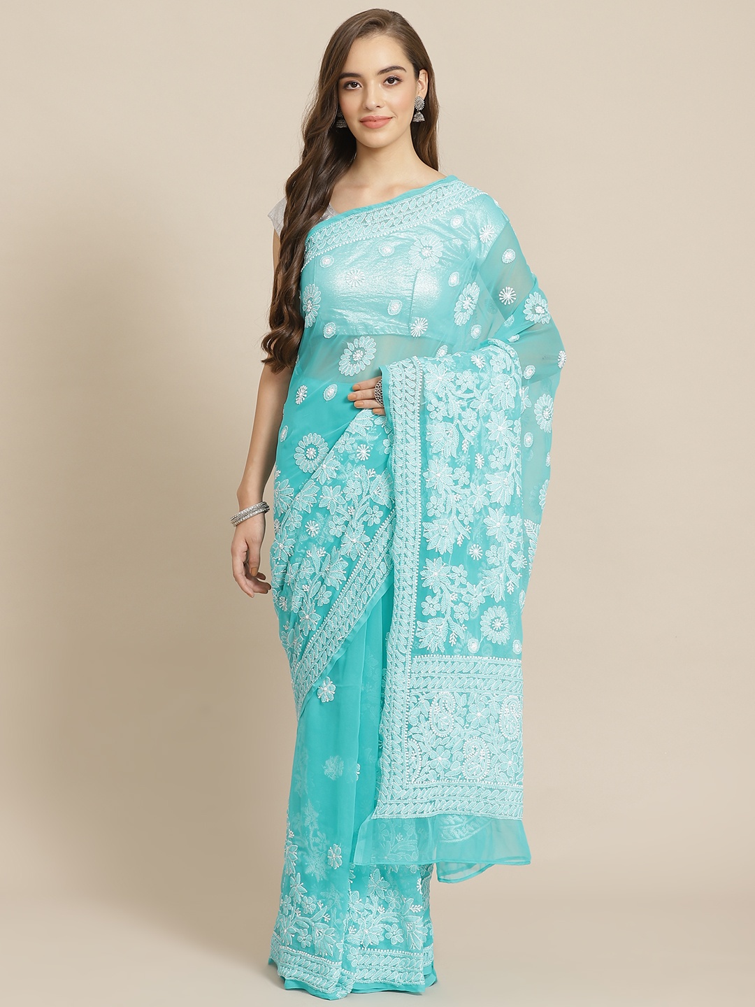 

ADA Women Turquoise Blue & White Poly Georgette Chikankari Embroidered Saree