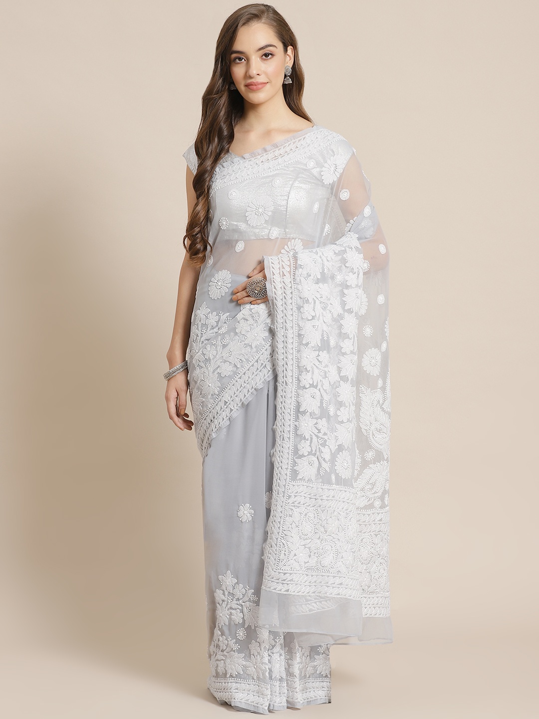 

ADA Women Grey & White Poly Georgette Chikankari Embroidered Handloom Saree