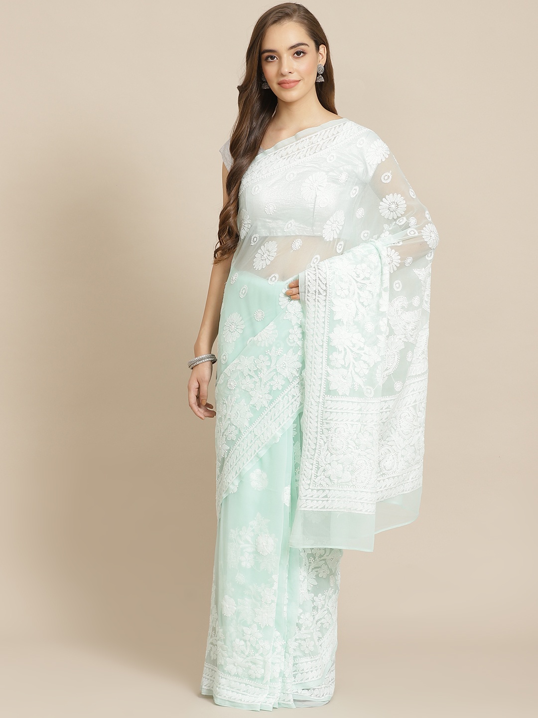 

ADA Women Green & White Poly Georgette Chikankari Embroidered Handloom Saree