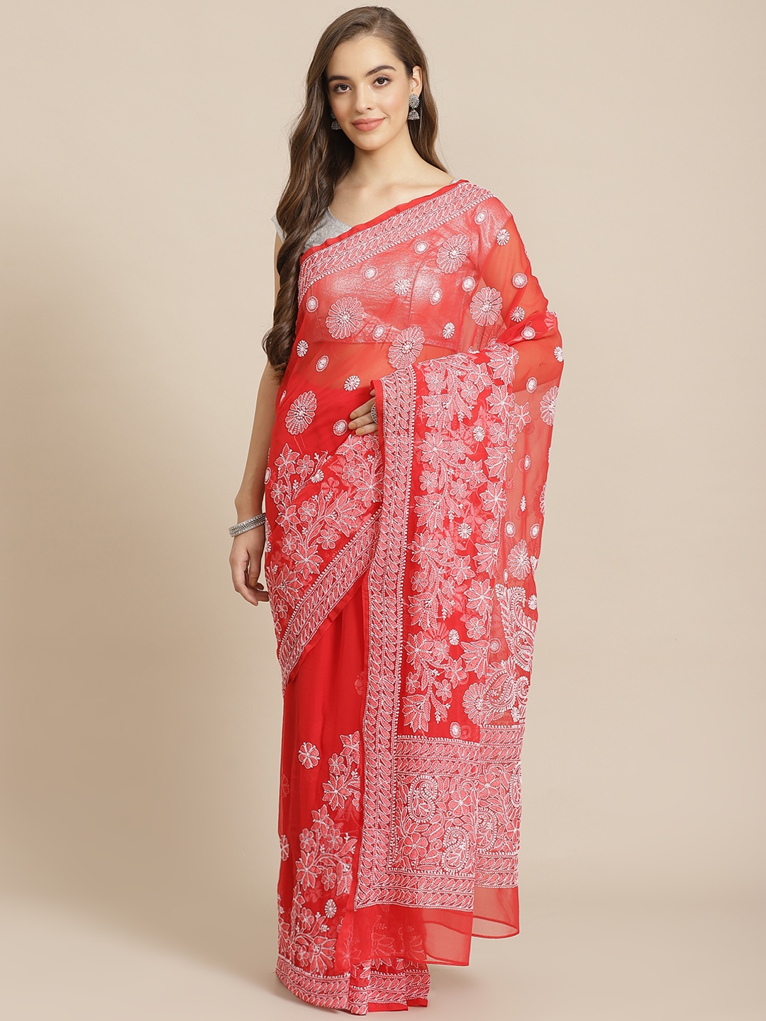 

ADA Women Red & White Poly Georgette Chikankari Embroidered Handloom Saree