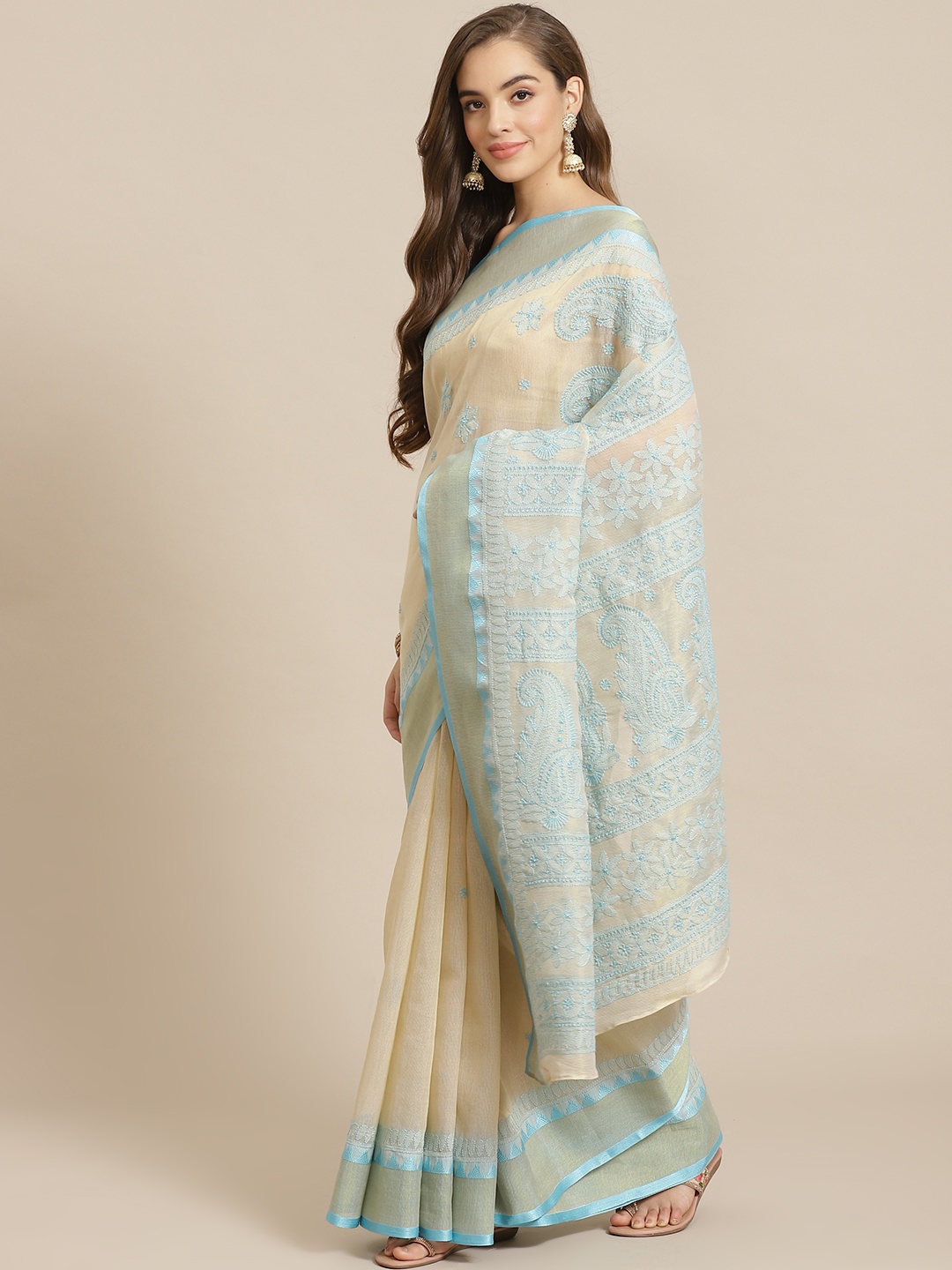 

ADA Women Beige & Blue Cotton Blend Chikankari Embroidered Kota Saree