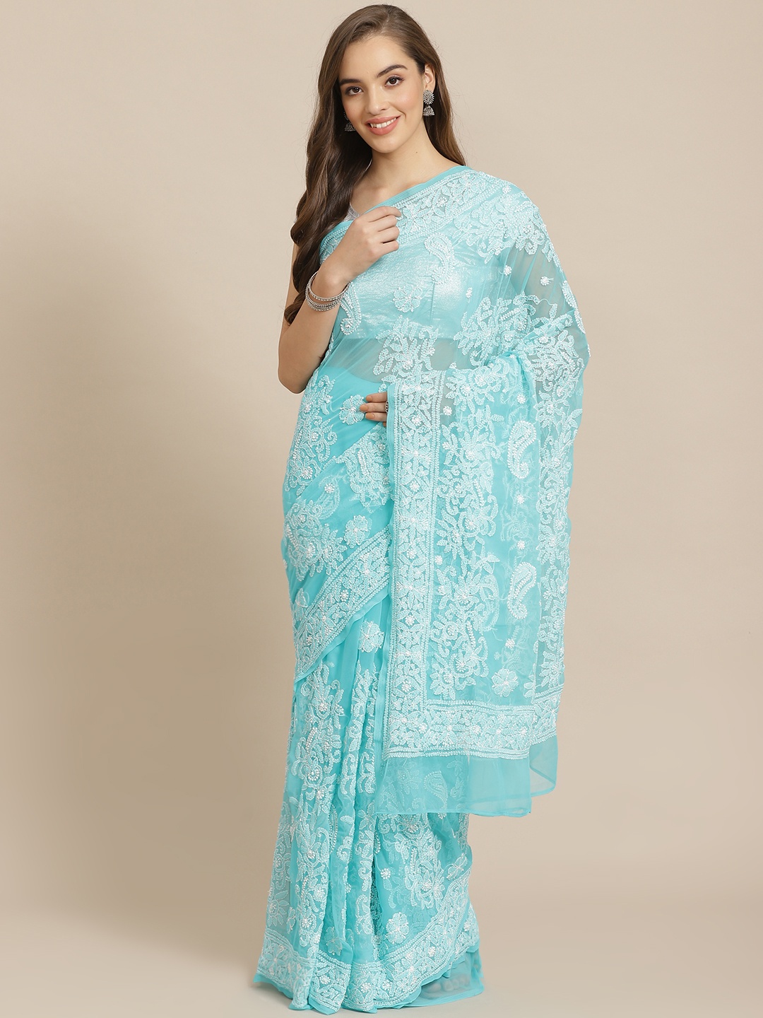 

ADA Women Blue & White Poly Georgette Chikankari Embroidered Saree