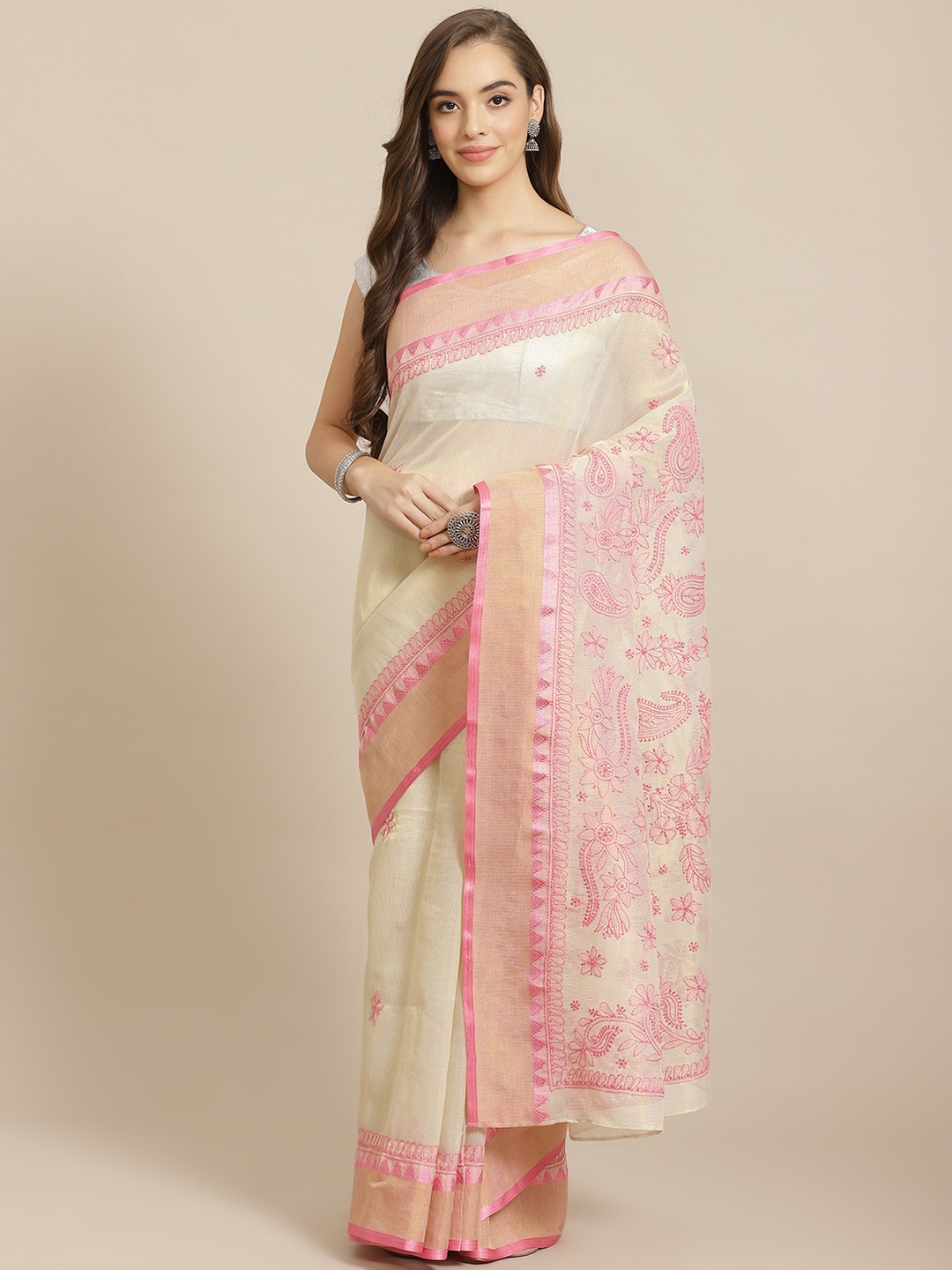 

ADA Women Beige & Pink Cotton Blend Chikankari Embroidered Kota Saree