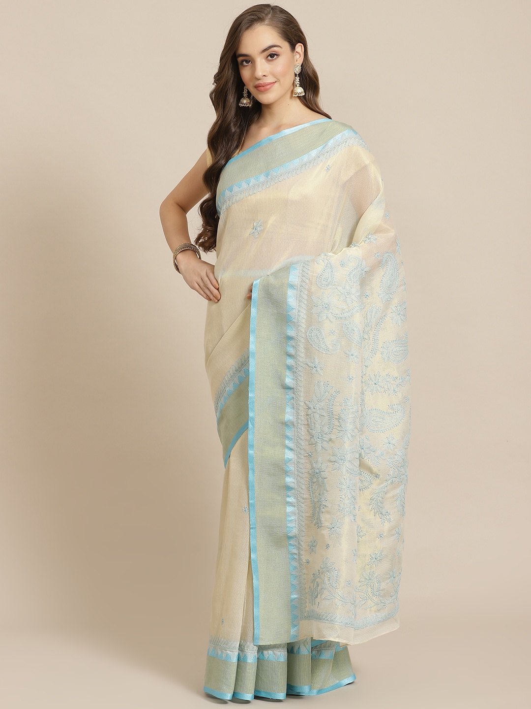 

ADA Women Beige & Blue Cotton Blend Chikankari Embroidered Kota Saree