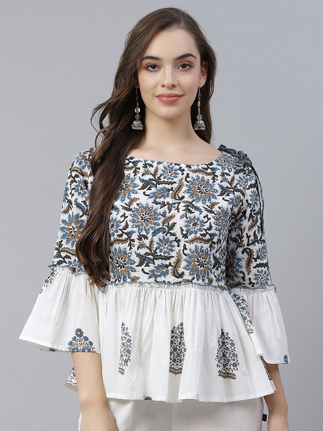 

Vasudha White & Blue Block Print Bell Sleeve Pure Cotton A-Line Top
