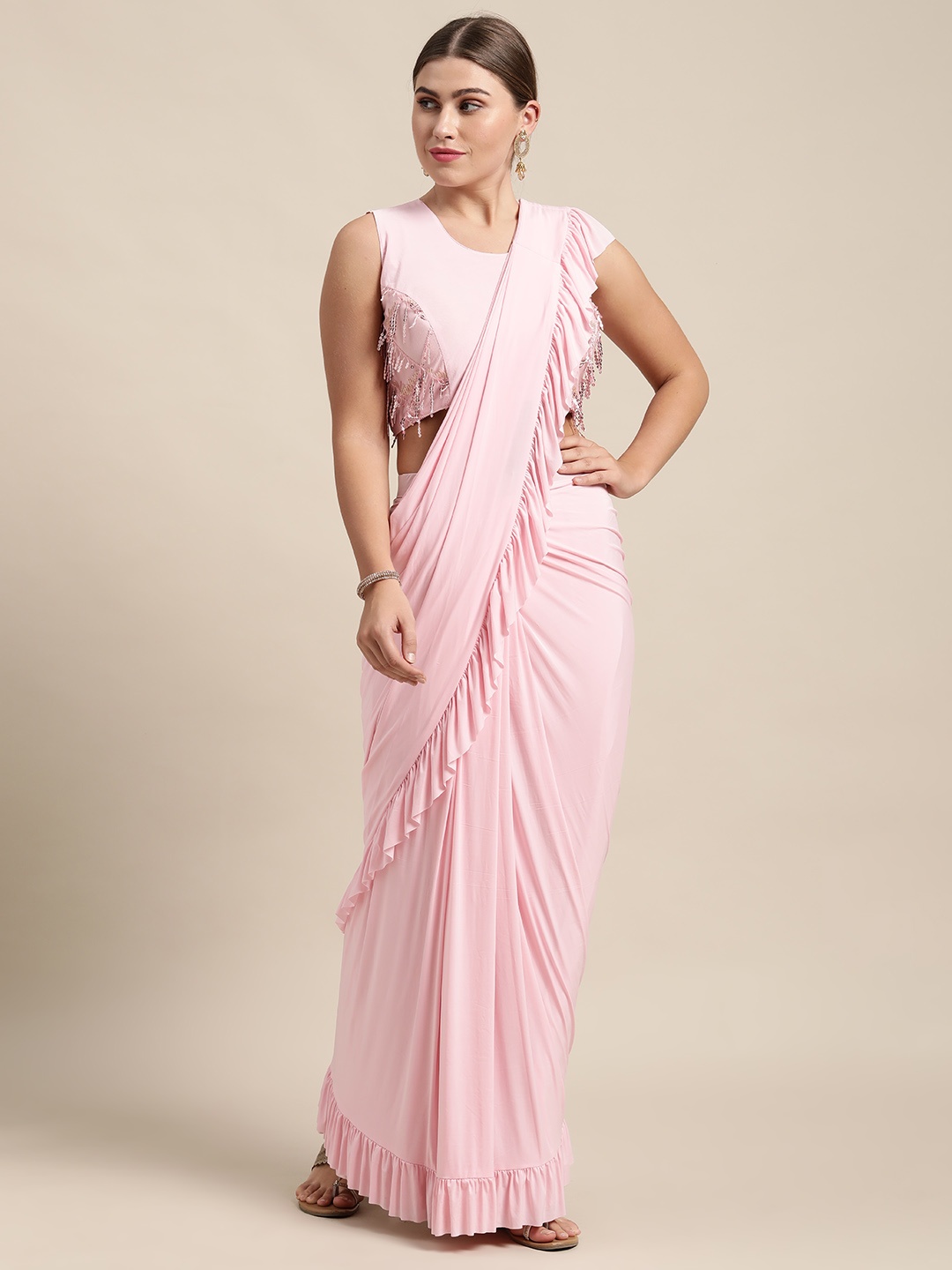 

VASTRANAND Pink Solid Ready to Wear Ruffle Saree