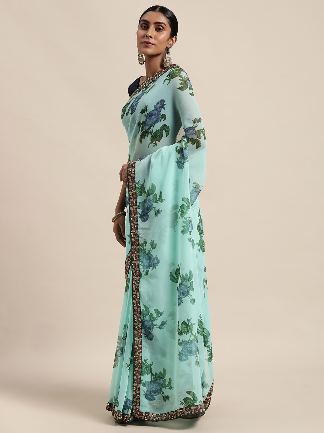 

VASTRANAND Turquoise Blue Floral Sequinned Saree