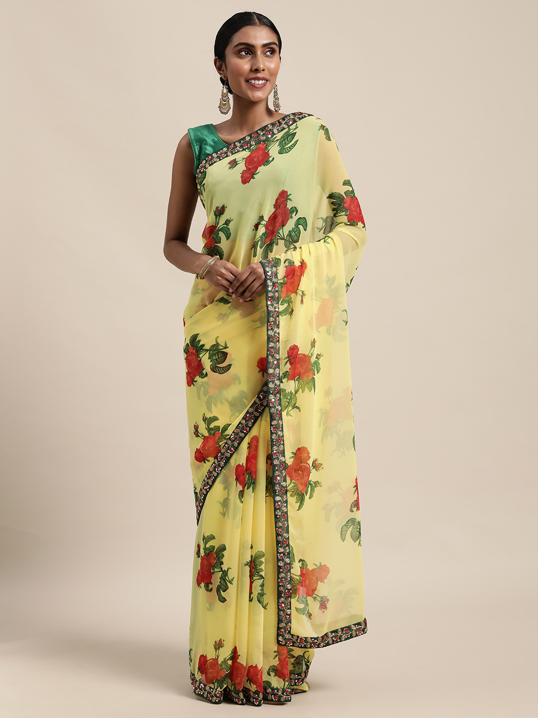 

VASTRANAND Yellow & Red Floral Sequinned Saree