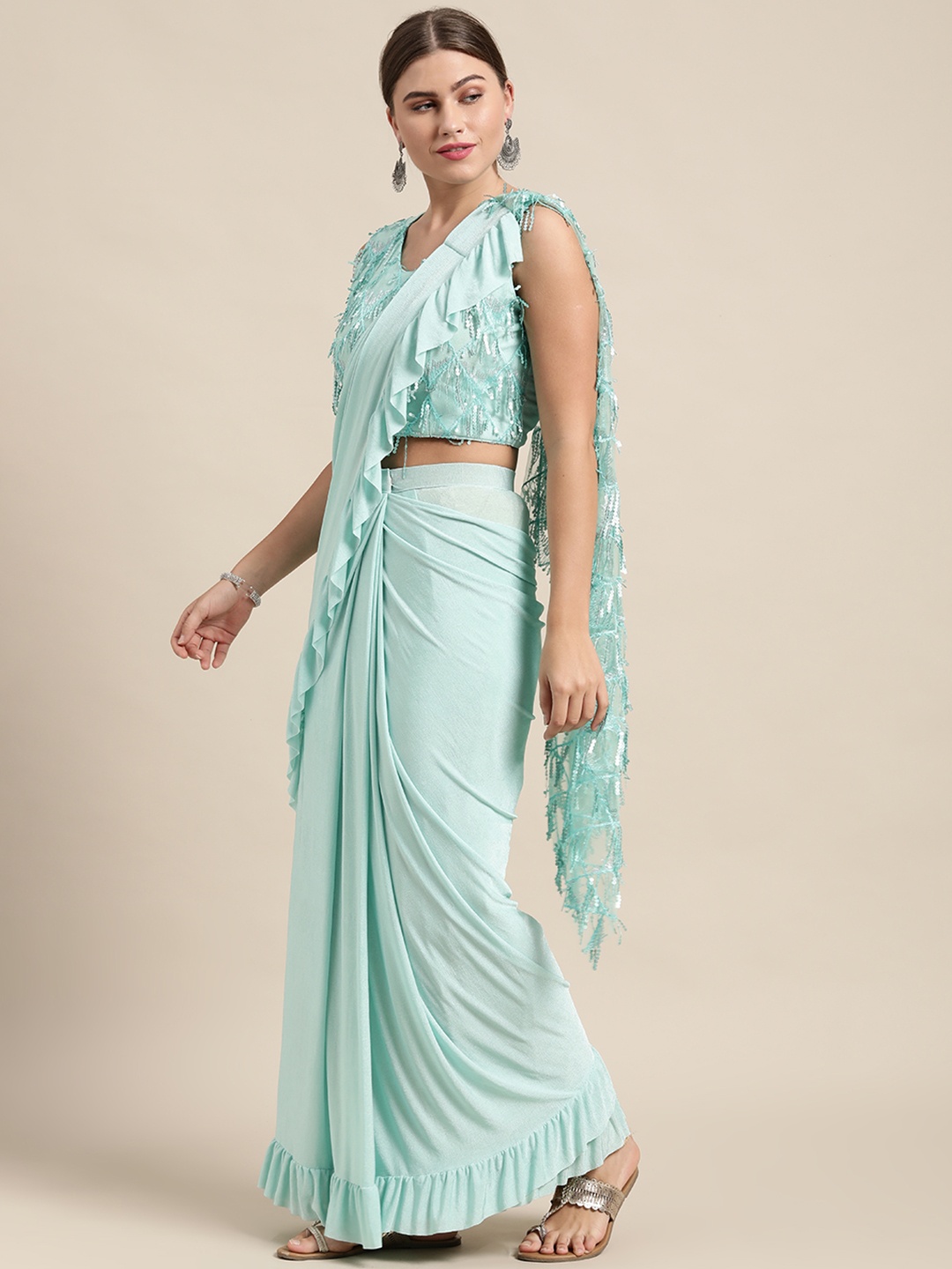 

VASTRANAND Sea Green Ruffled Ready To Wear Saree with Sequinned Blouse
