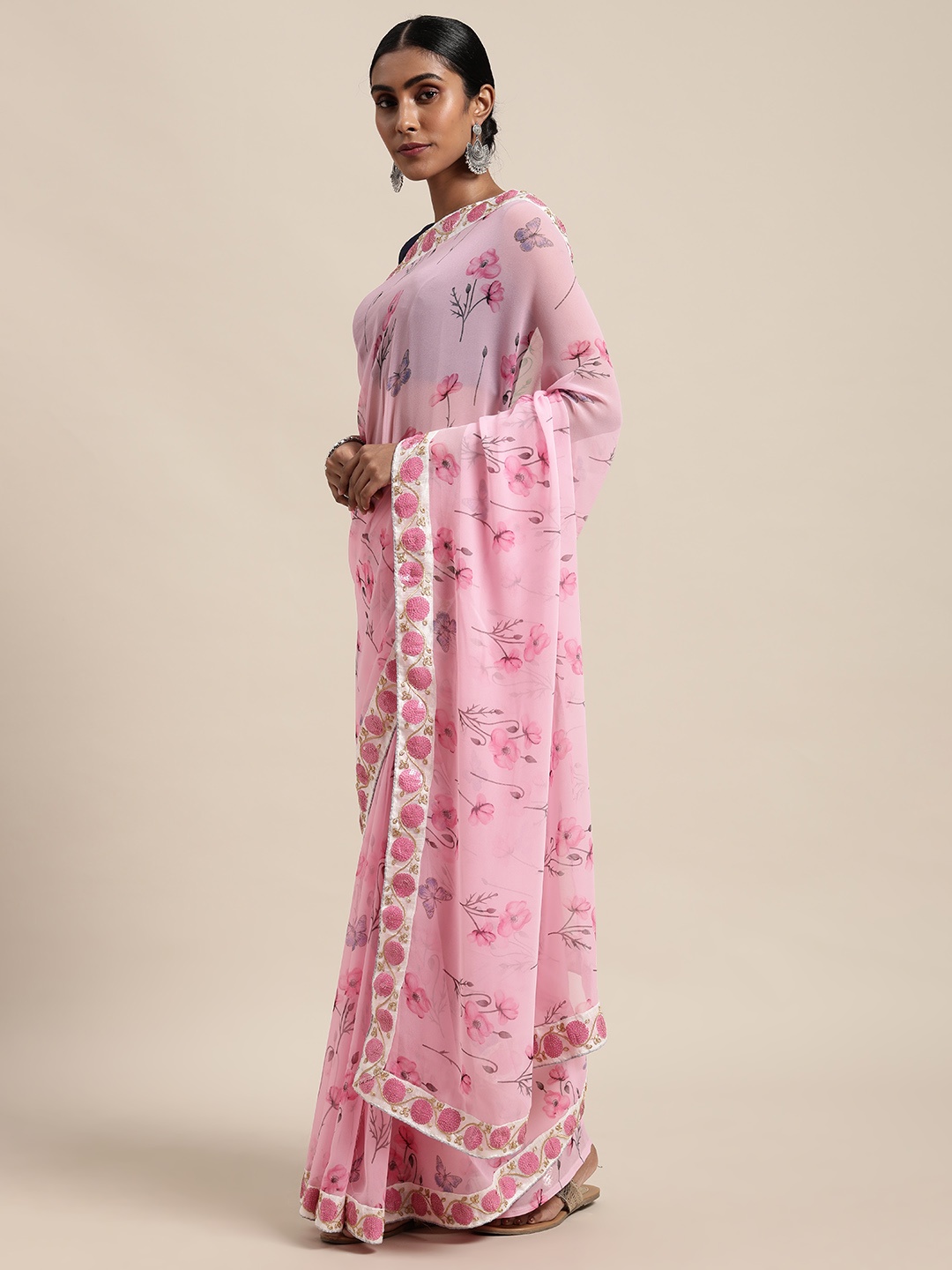 

VASTRANAND Pink Floral Sequinned Saree